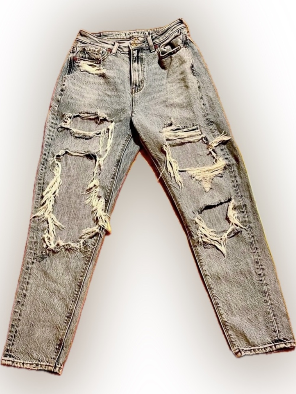 American Eagle Highest Rise Mom Jeans Distressed Ripped 0R Blue Acid Wash Denim